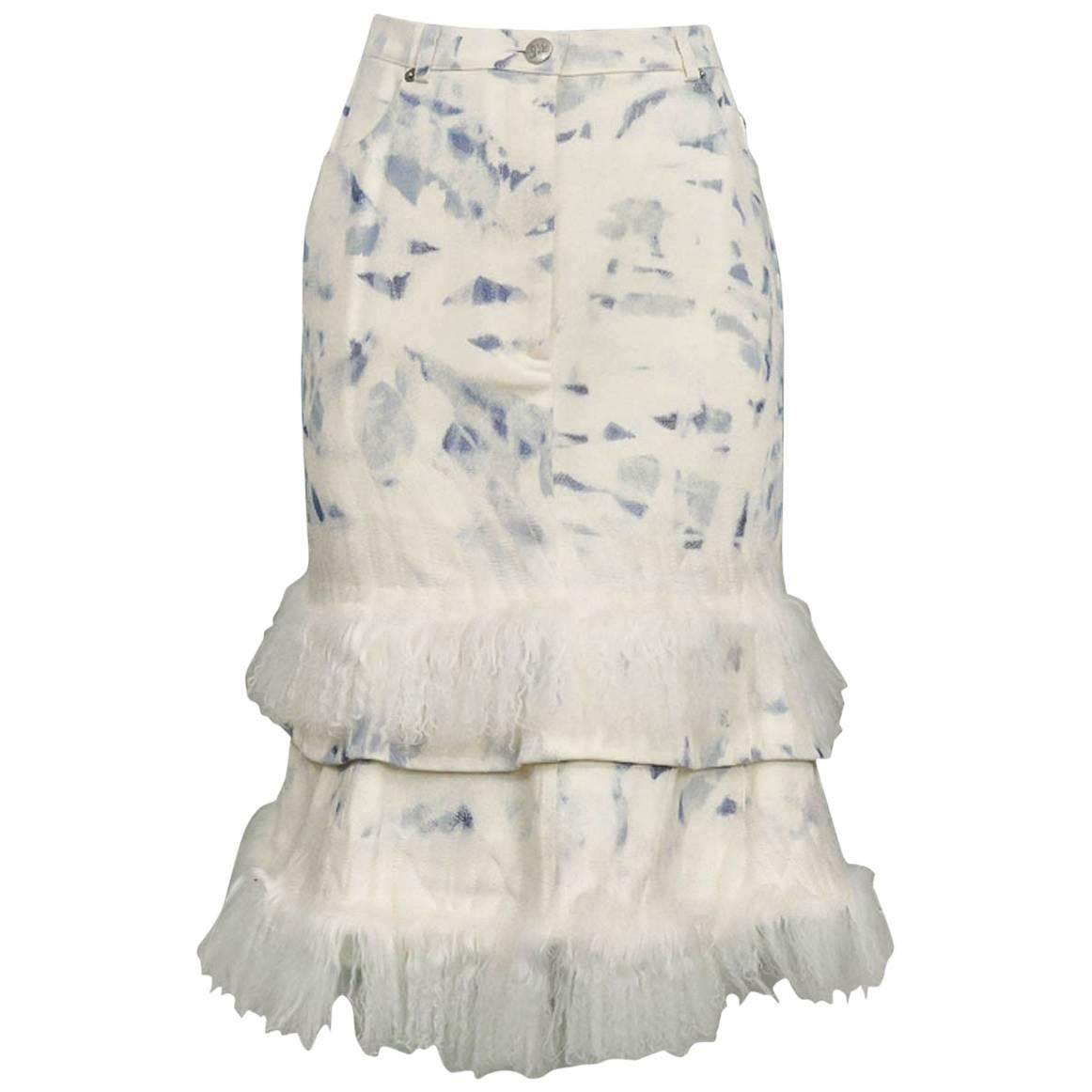 John Galliano Acid Wash Denim & Mongolian Fur Skirt For Sale