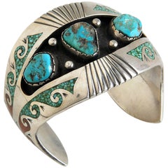 Vintage Charlie Singer Sterling Cuff Bracelet with Turquoise and Coral Chip Inlay