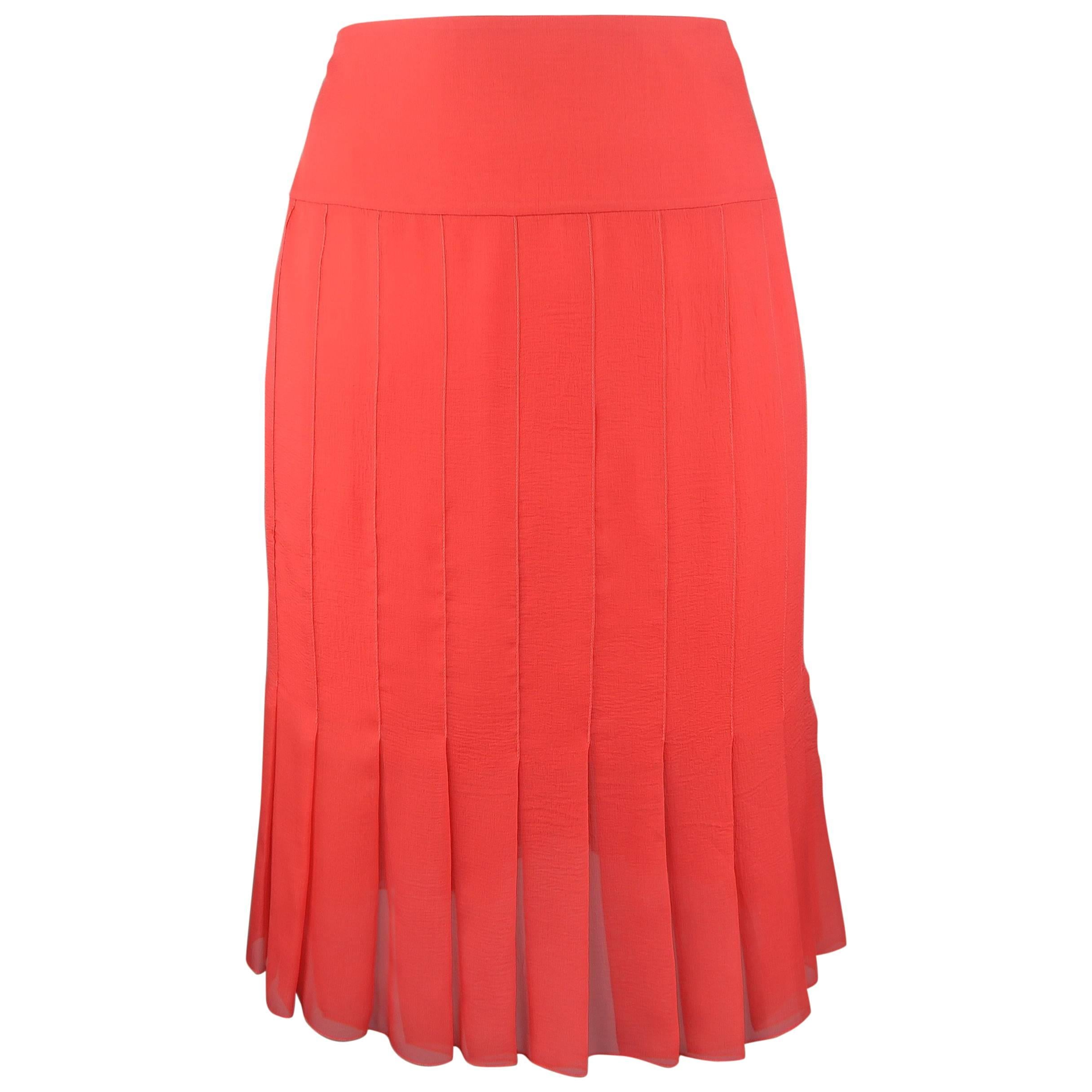 CHANEL Size 8 Red Silk Chiffon Pleated Pencil Skirt