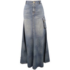 RALPH LAUREN Size 6 Blue Dirty Wash Denim Flaired Maxi Skirt at 1stDibs
