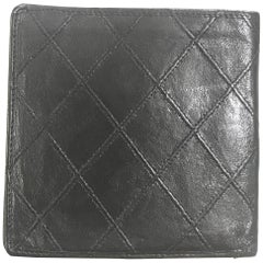 Retro CHANEL black calfskin square stitched wallet, bill, card case. Unisex.