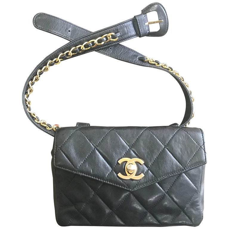 Vintage CHANEL black lamb waist bag, fanny pack with golden chain