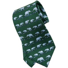 Hermes Men's Emerald Green Silk Twill Tie With Blue Elephants, Circa 1990's