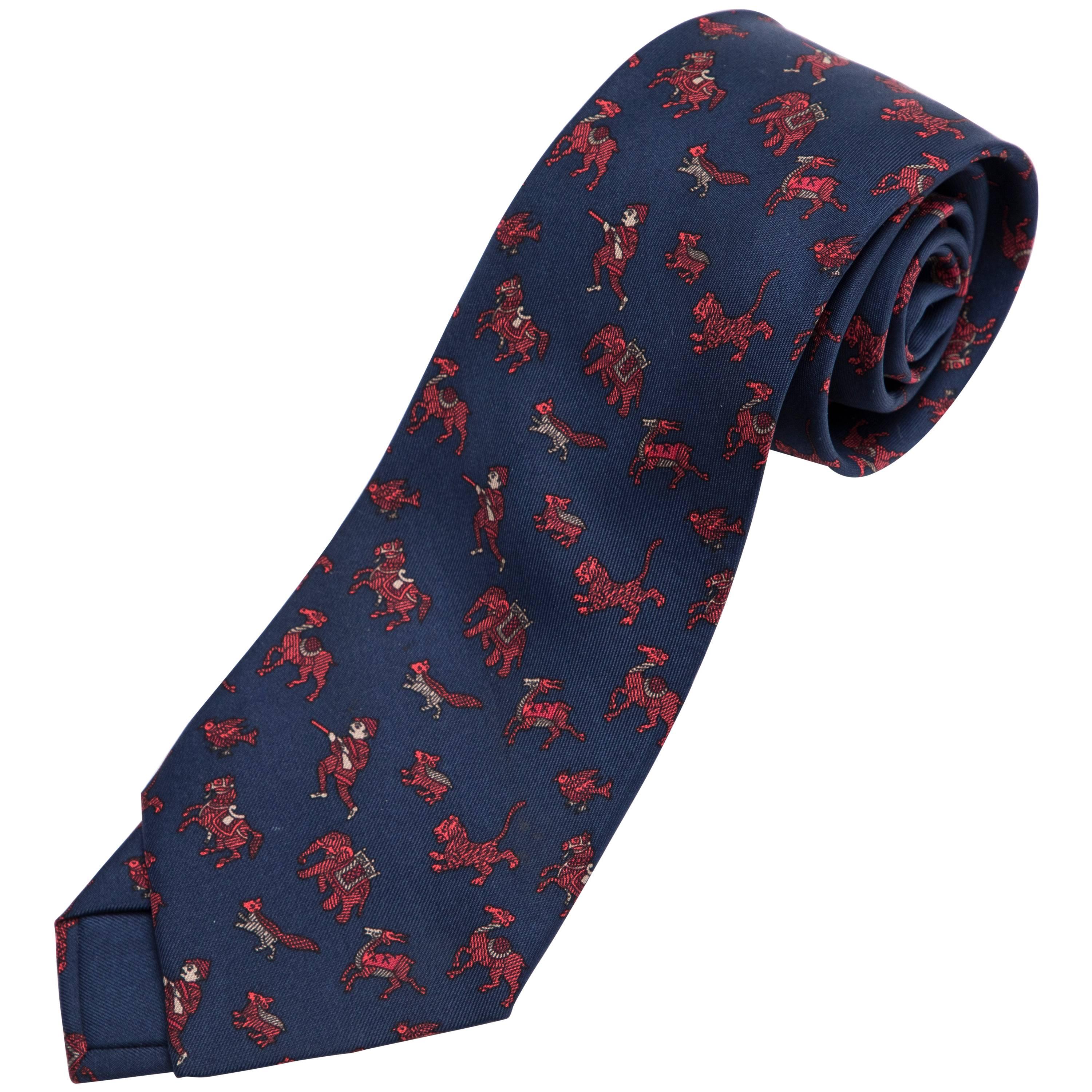 Hermes Men's Navy Blue Silk Twill Tie With Red Hunting Motif, Circa 1990's