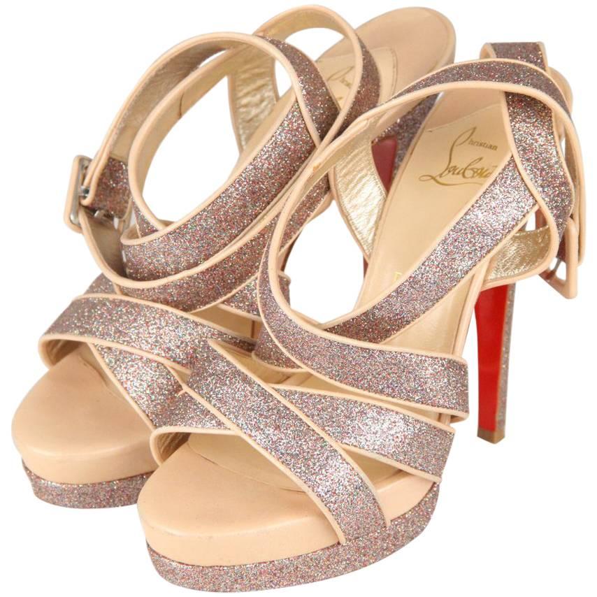 CHRISTIAN LOUBOUTIN Silver Glitter and Nude Leather Straratata Sandals 36