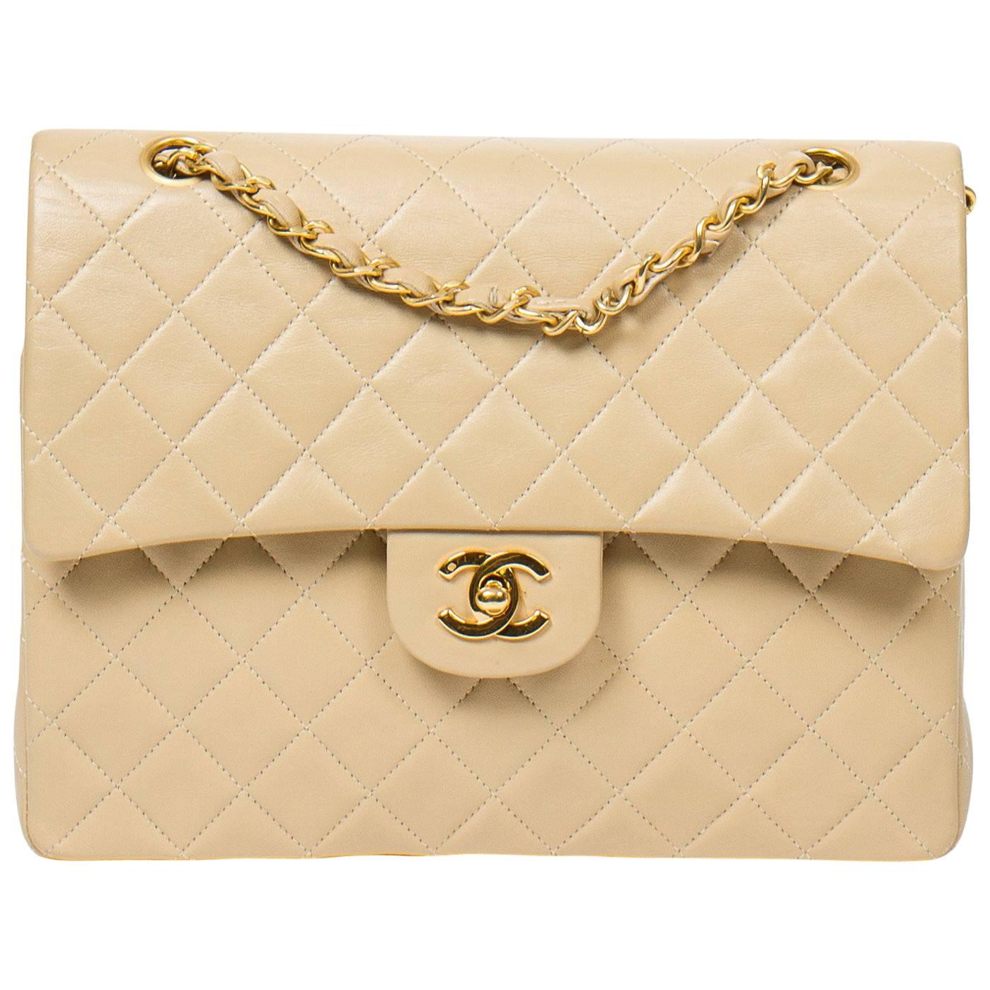 Chanel Tall Double Flap Beige Leather 