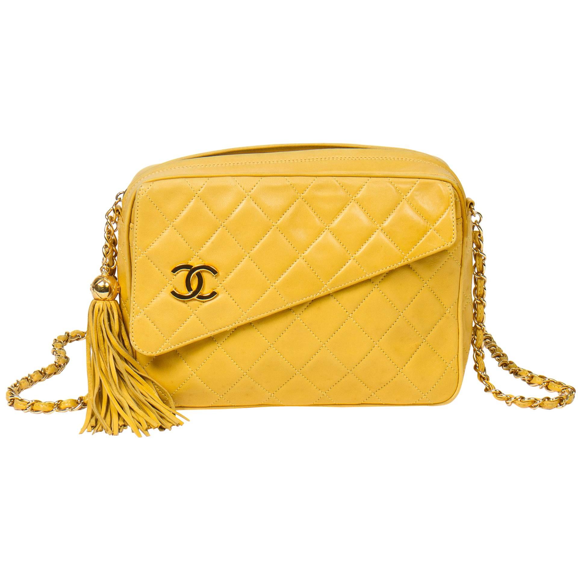 Chanel Vintage Zip Tassel Yellow Leather Bag 