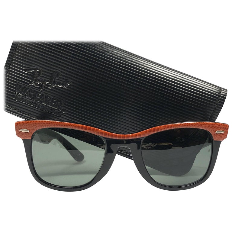 New Ray Ban The Wayfarer Orange Leather G15 Grey Lenses USA 80's Sunglasses For Sale