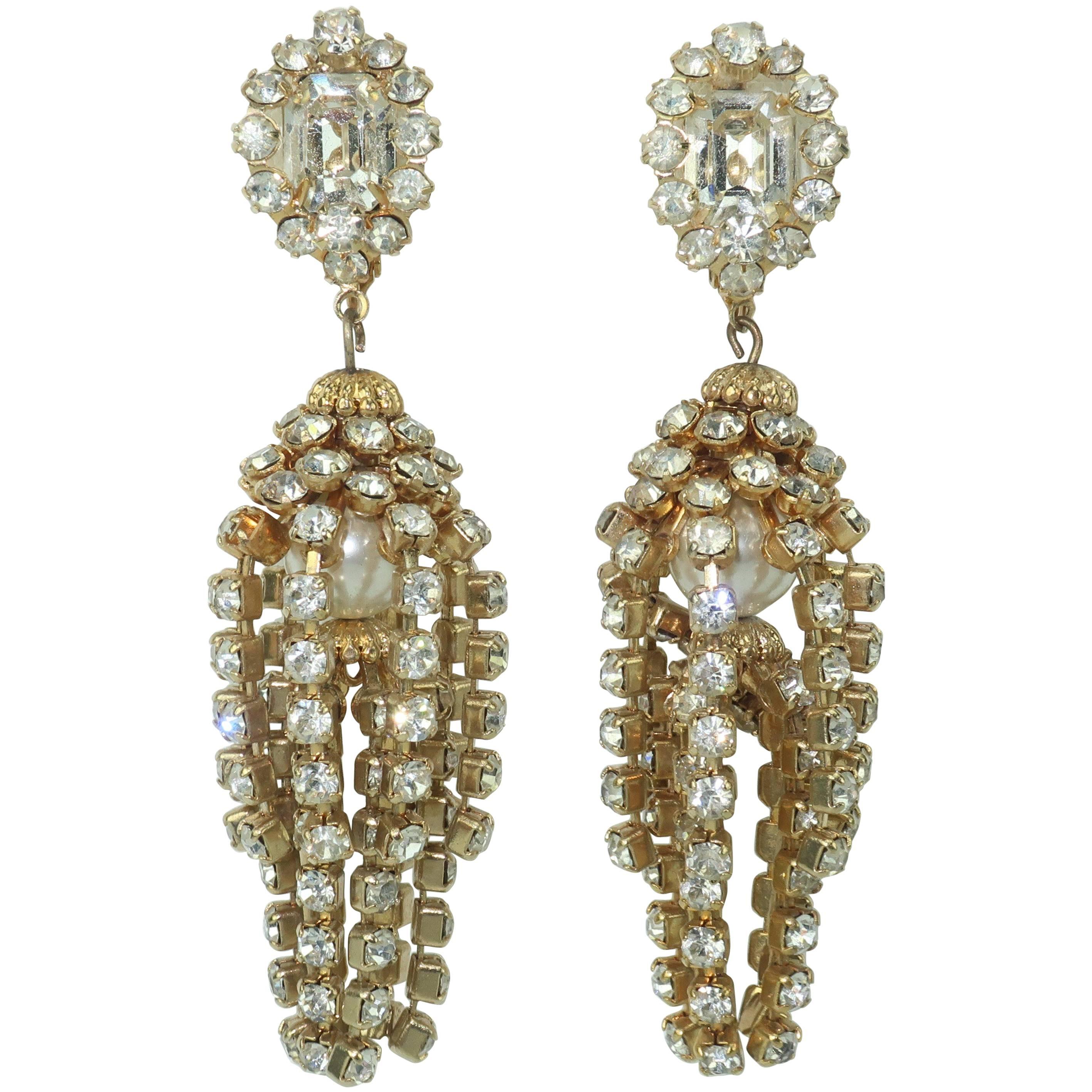 Rhinestone and Faux Pearl Chandelier Earrings, circa 1960