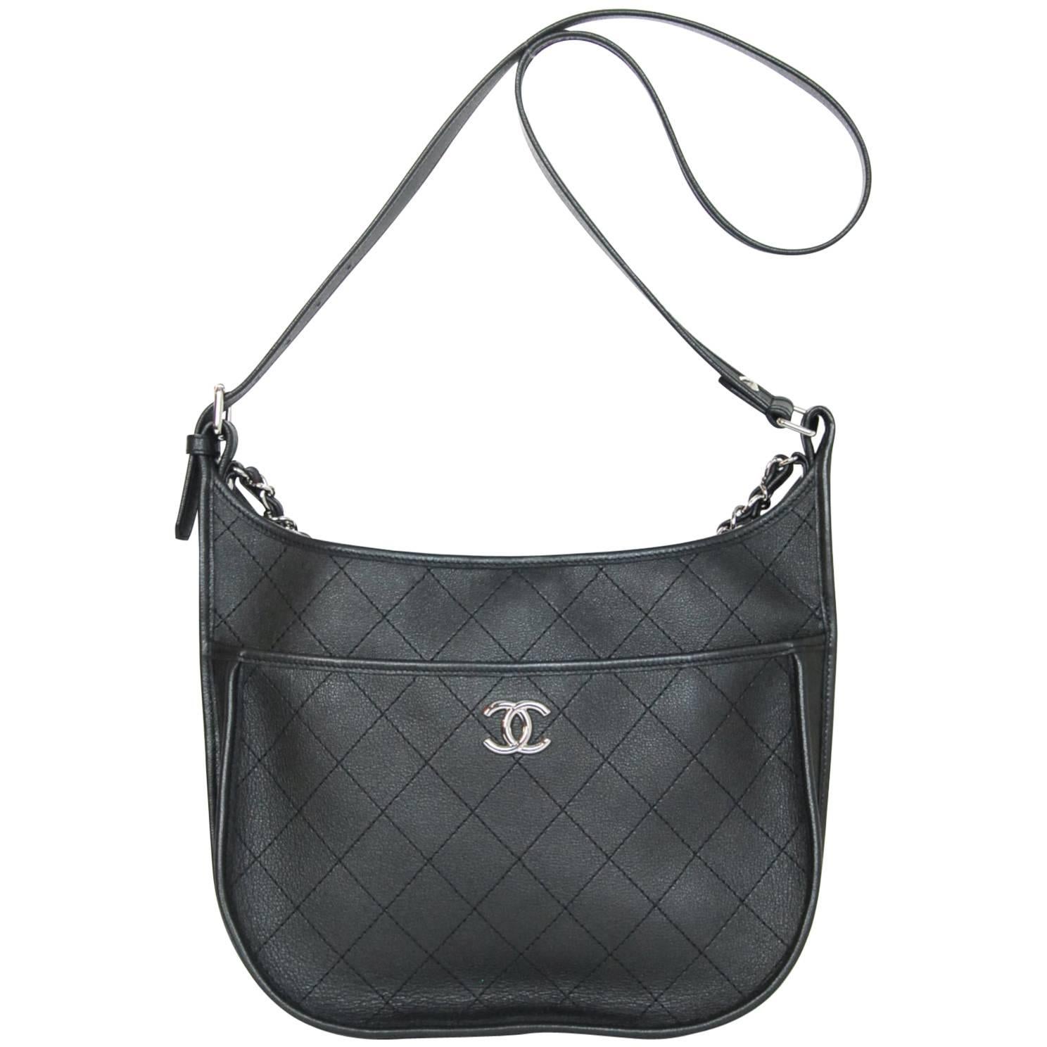 Chanel 2018 Black Metallic Quilted Leather Hobo Messenger Bag w. Receipt rt. $4K