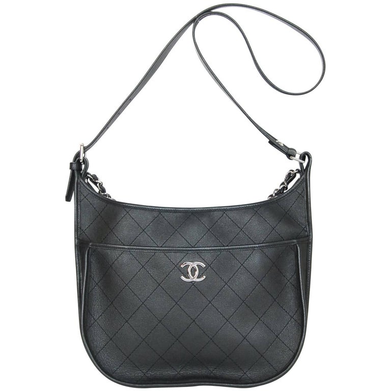 Chanel 2018 Black Metallic Quilted Leather Hobo Messenger Bag w. Receipt rt. 4K For Sale at