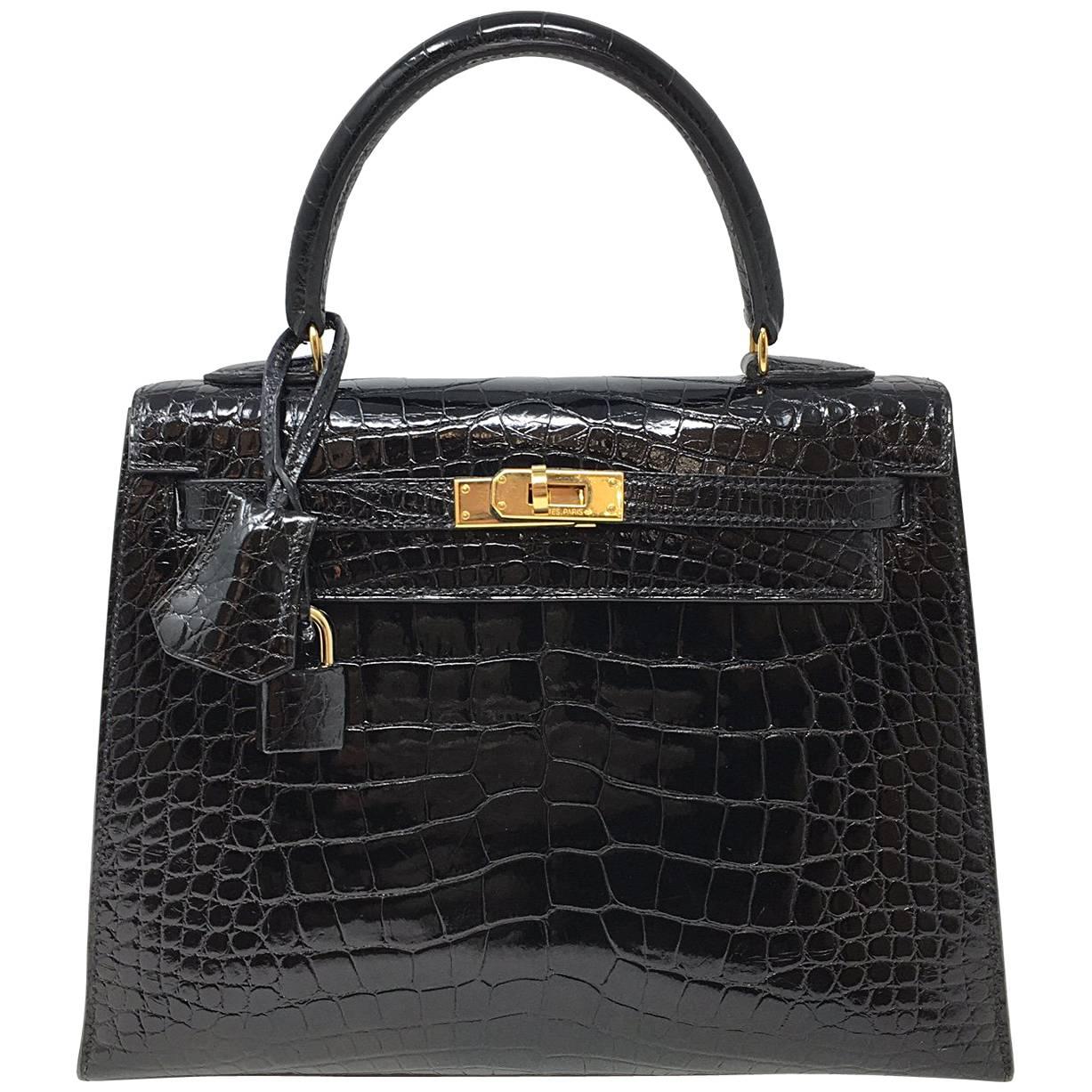 Hermes Sac Kelly 25 Black Shiny Alligator Crocodile Leather Vintage Bag , 1999