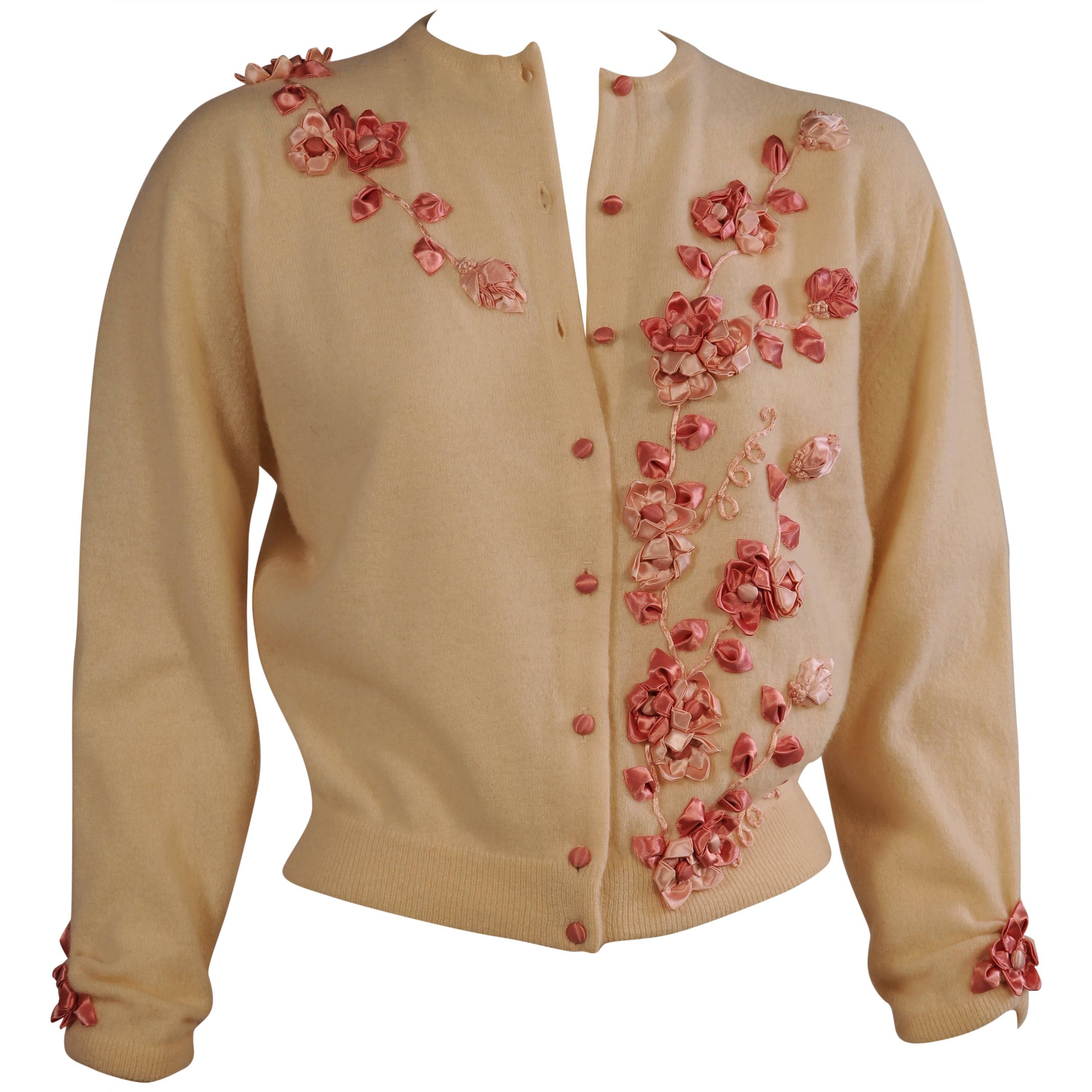 1950's Estelle Parker Cashmere Sweater with Silk Ribbon Flowers