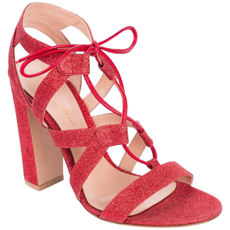 Gianvito Rossi Red Glitter Caged Lace Up Sandal Heels For Sale