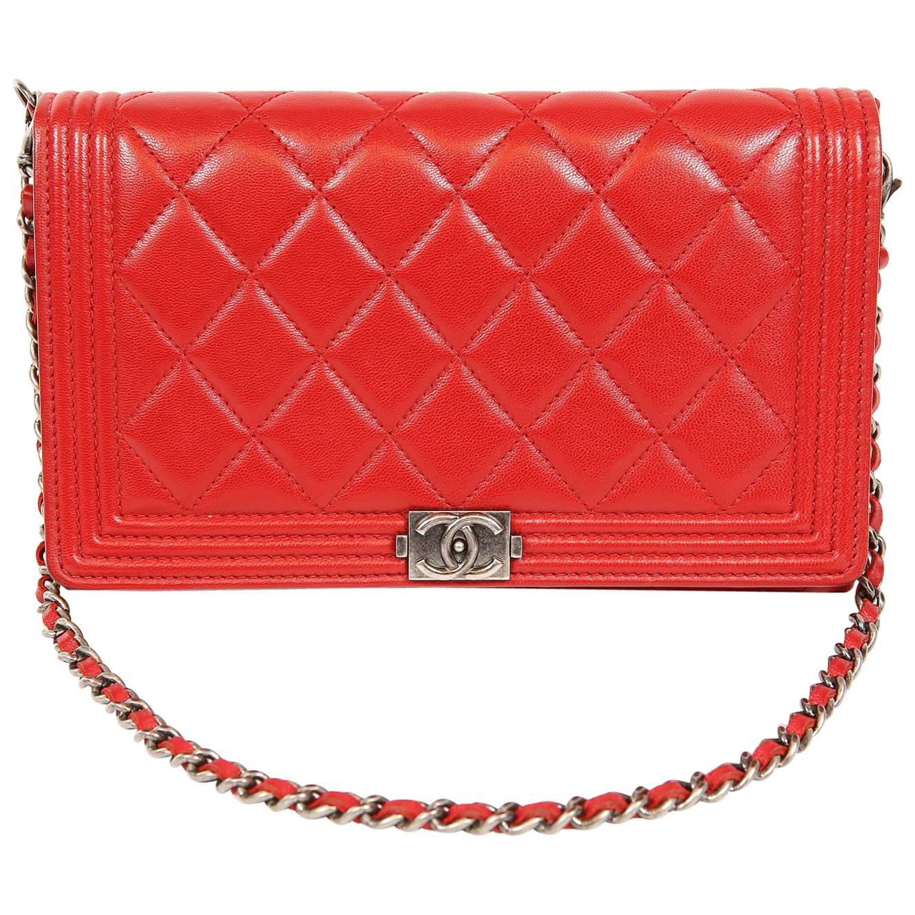 Chanel Red Leather Boy Bag Clutch with Chain