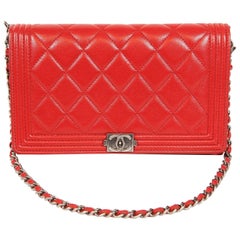 Chanel Red Leather Boy Bag Clutch with Chain