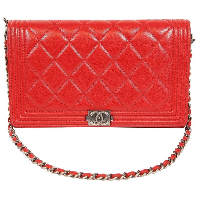 Chanel Red Leather Boy Bag Clutch with Chain at 1stDibs
