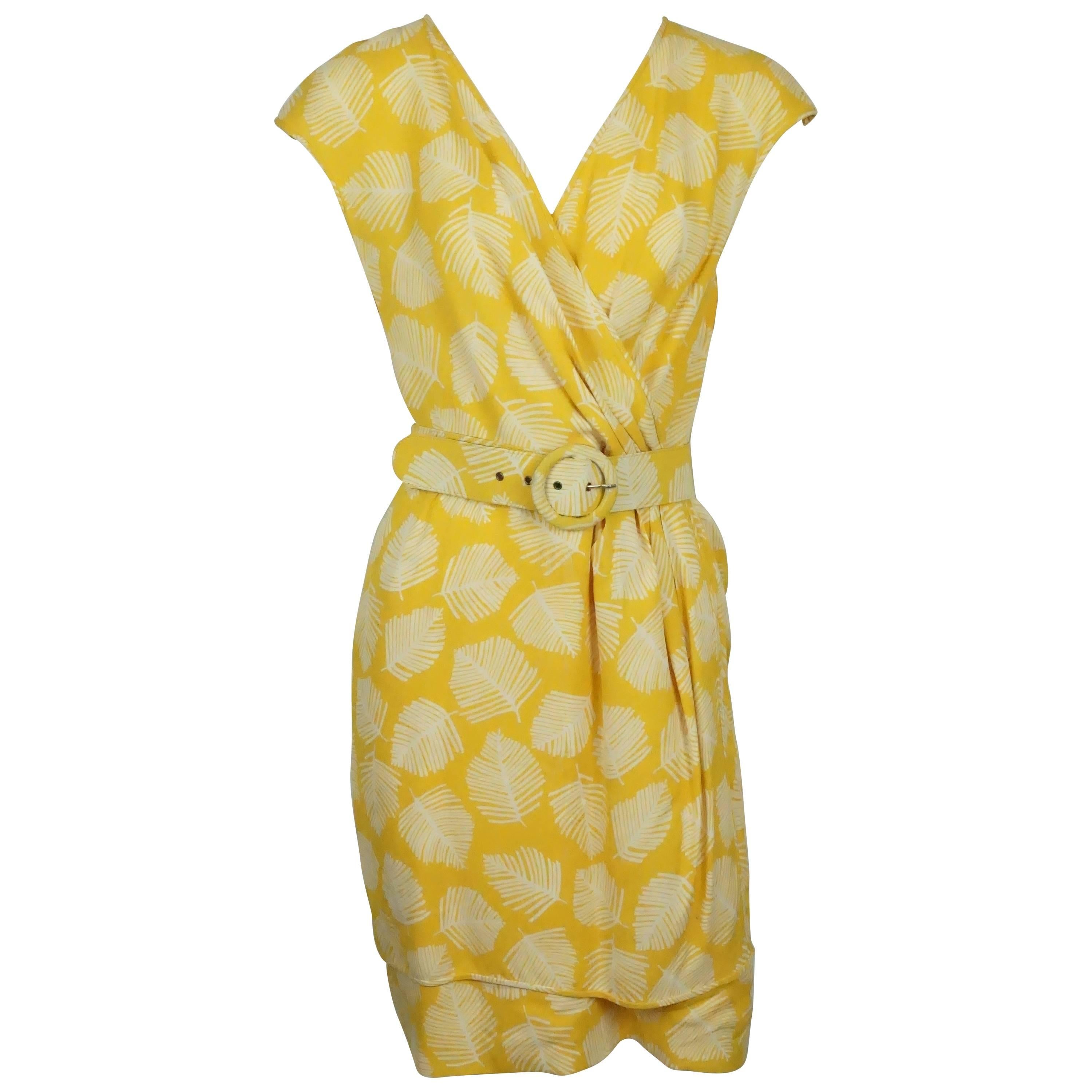 Valentino Yellow & White Cap Sleeve w/ Leaf Print - 8 For Sale