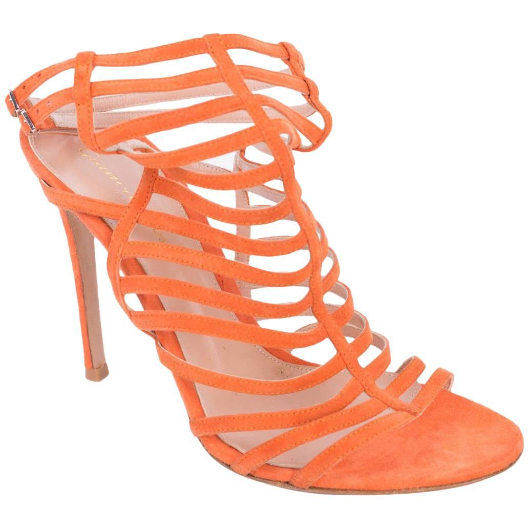  Gianvito-Rossi-Orange-Suede-Caged-Ankle-Strap-Stiletto-Sandals For Sale