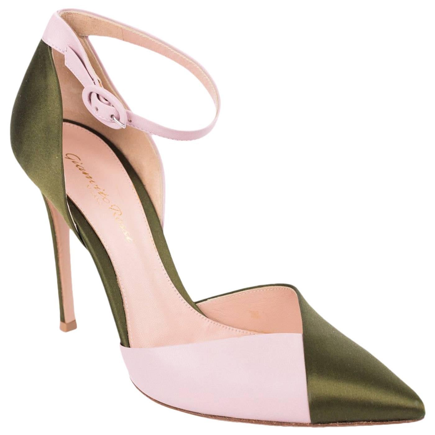 Gianvito Rossi Green Pink Mixed Satin Leather Pumps For Sale