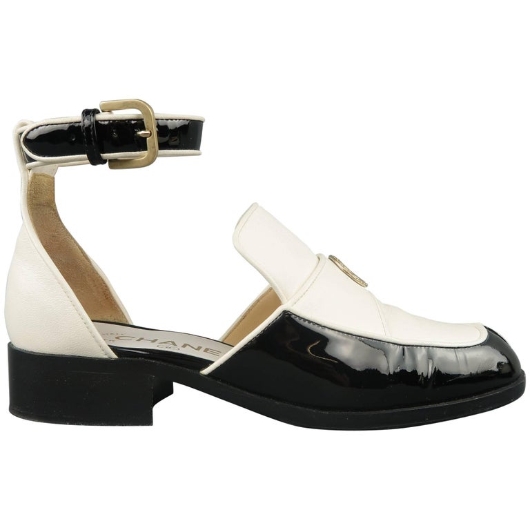 CHANEL Size 5.5 Black and White Leather Ankle Strap Loafer Flats at