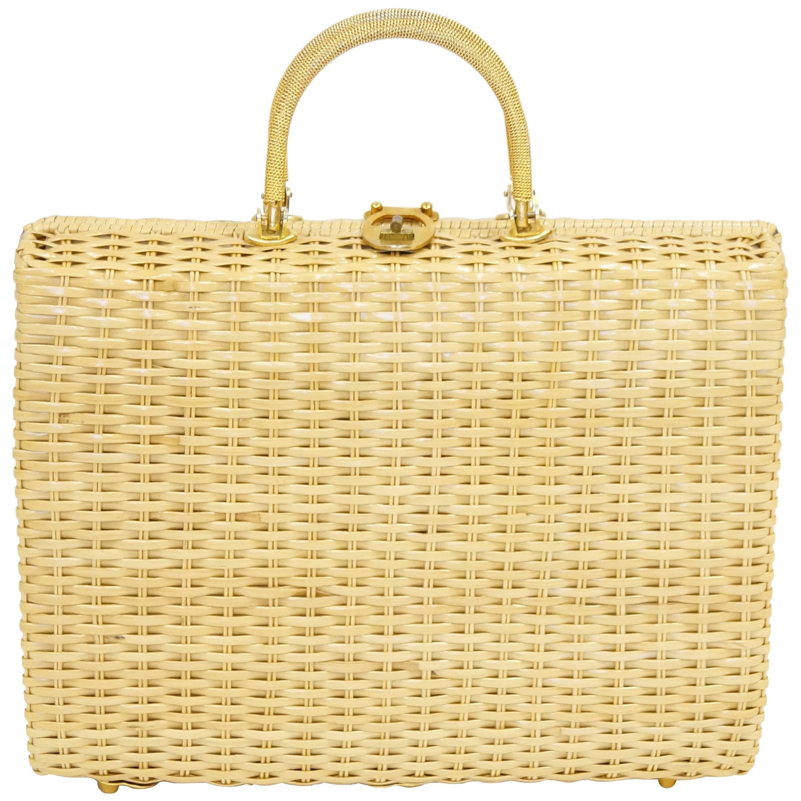 1960s Lesco Lona Woven Wicker Briefcase Style Handbag