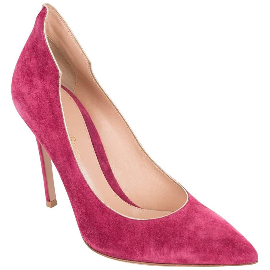 Gianvito Rossi Pink Suede Gold Trim High Back Pumps For Sale