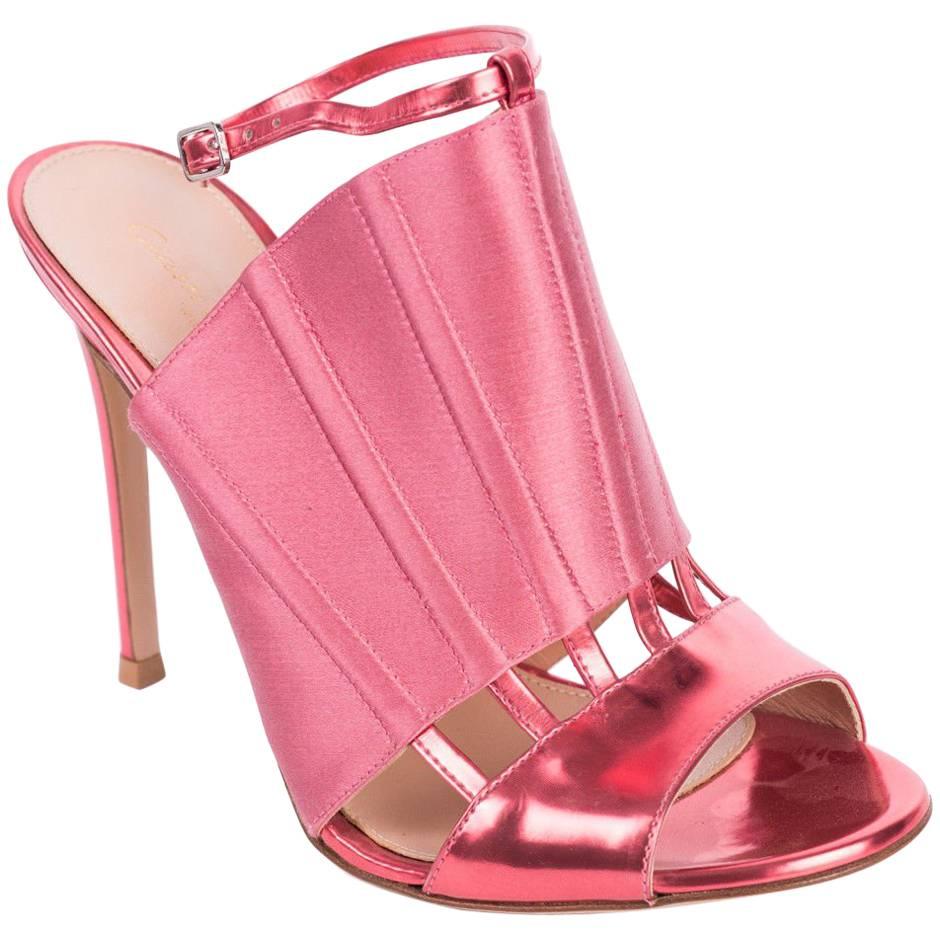 Gianvito Rossi Pink Corset Caged Metallic Leather Sandal Heels For Sale