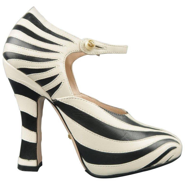 GUCCI Size 6 Black and Beige Leather LESLEY Zebra Mary Jane Pumps For