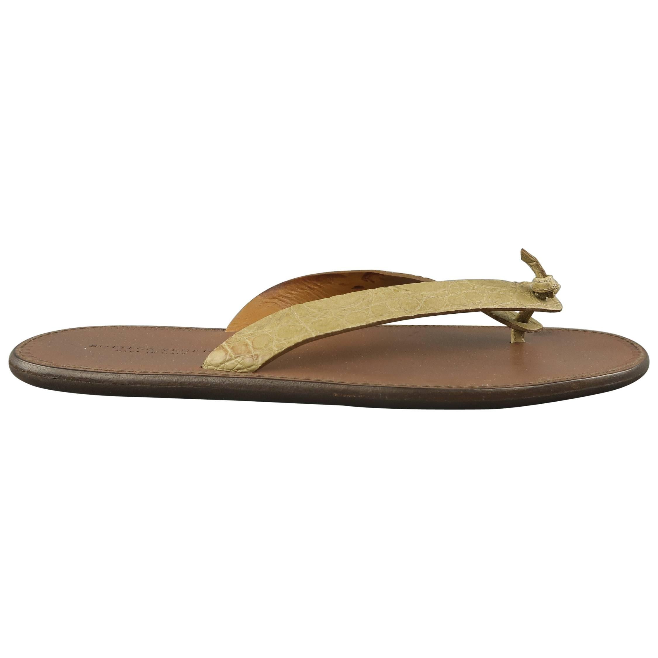 Men's BOTTEGA VENETA Size 8 Beige Alligator Textured Thong Sandals