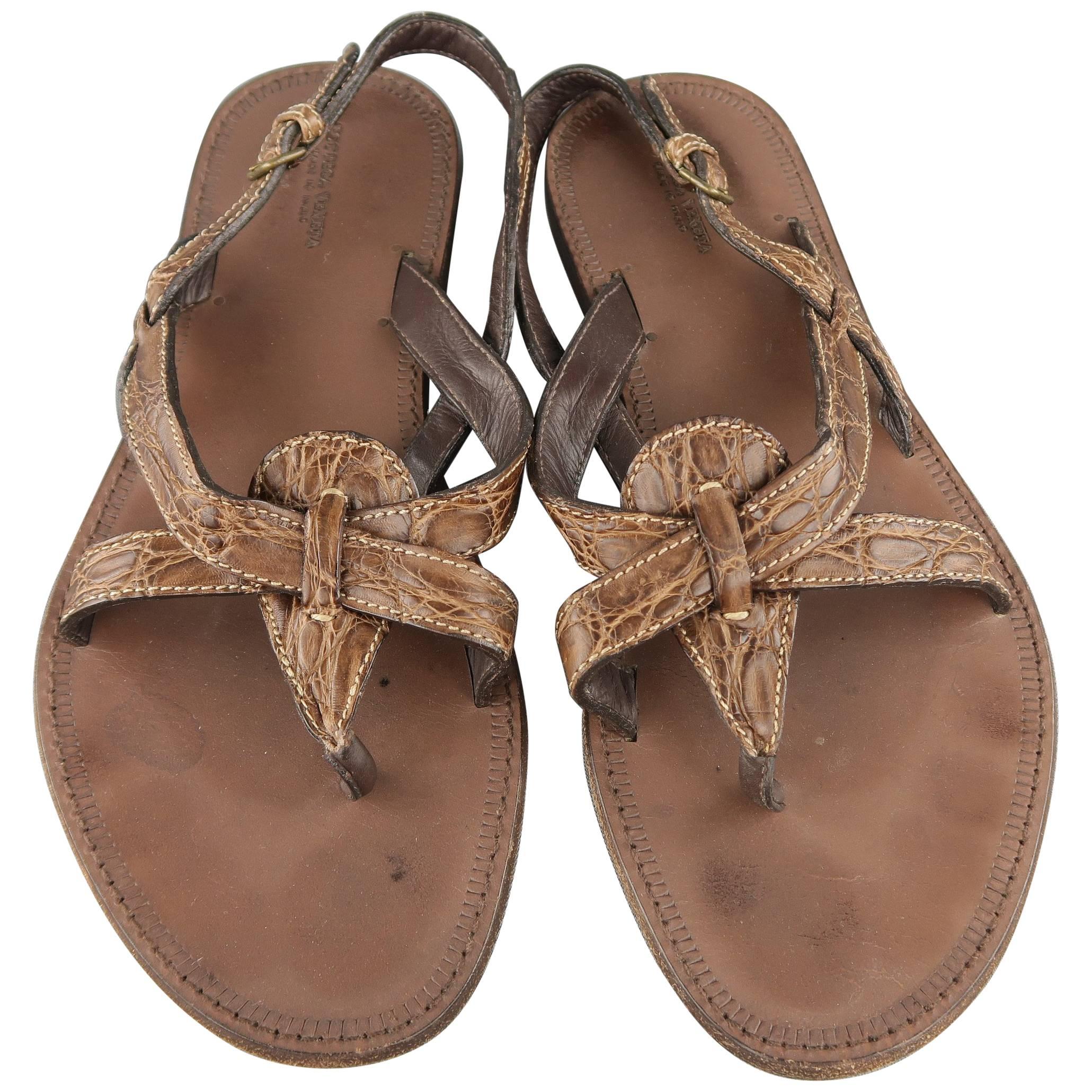 Men's BOTTEGA VENETA Size 8 Brown Alligator Textured Sandals