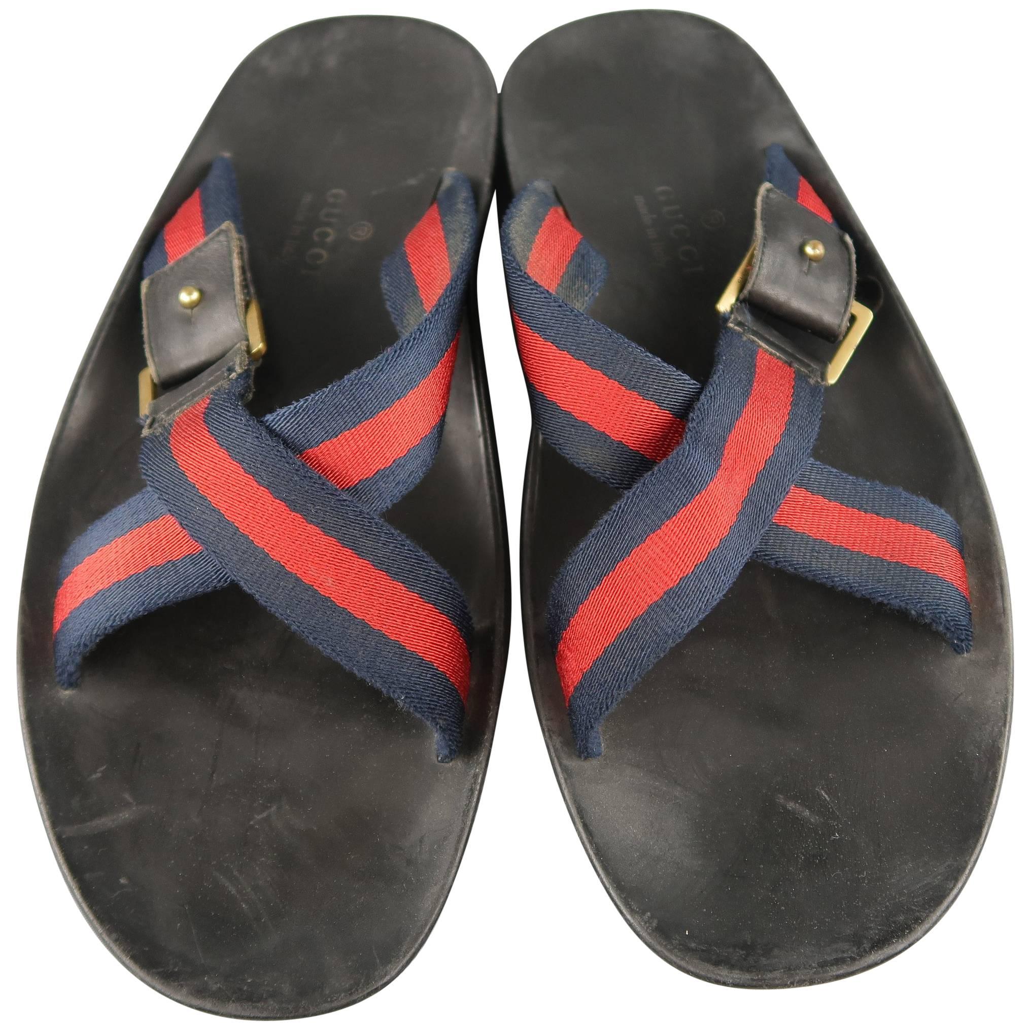Men's GUCCI Size 11 Navy & Red Stripe Canvas Strap X Sandals