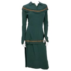 1930s Green Crepe Day Dress with Antique Brass Trim