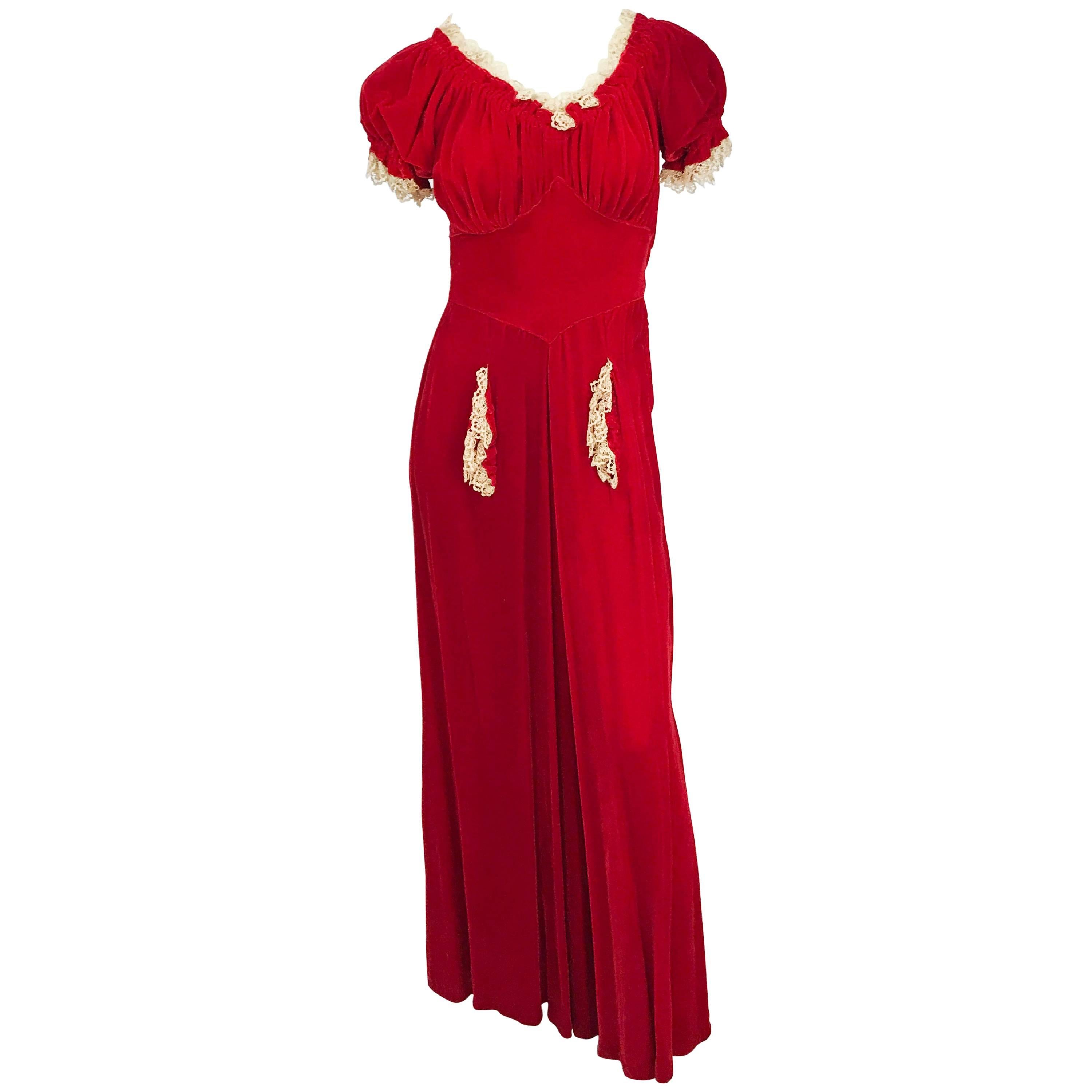 1930s Red Velvet and Lace Bias Cut Dress