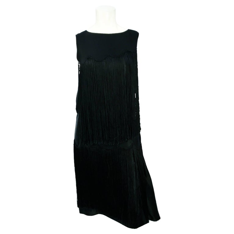 1920s Black Satin Evening Dress With Fringe For Sale