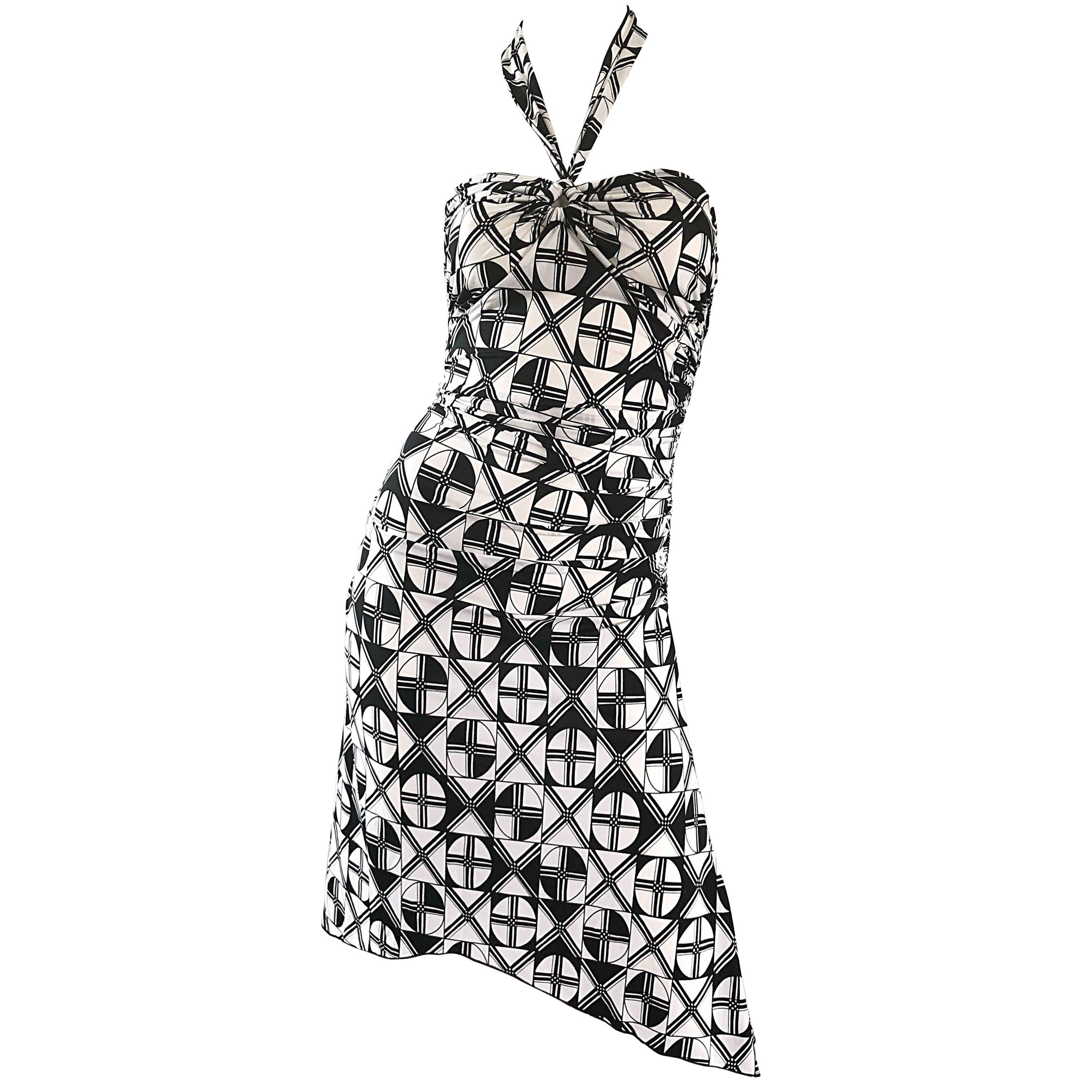 1990s Gianni Versace Versus Black and White Abstract Vintage 90s Halter Dress