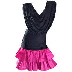 1980s Hot Pink + Black Avant Garde Strong Shoulder Vintage 80s Cocktail Dress
