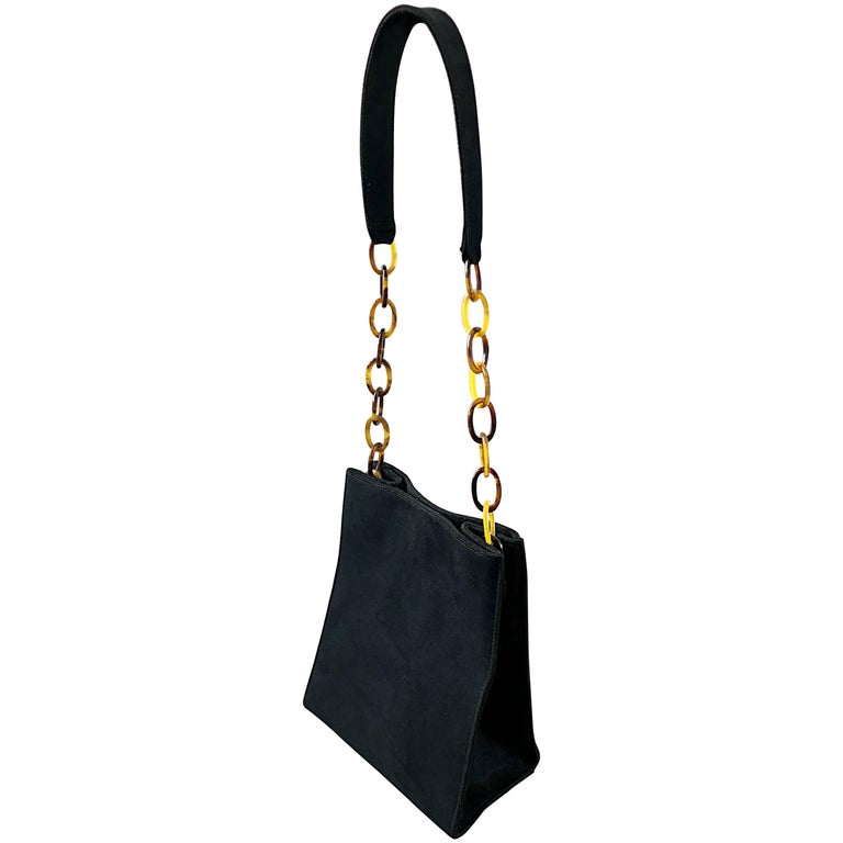 1990s Raquel Sitwell Black Suede Leather Tortoise Shell Vintage 90s Shoulder Bag For Sale at