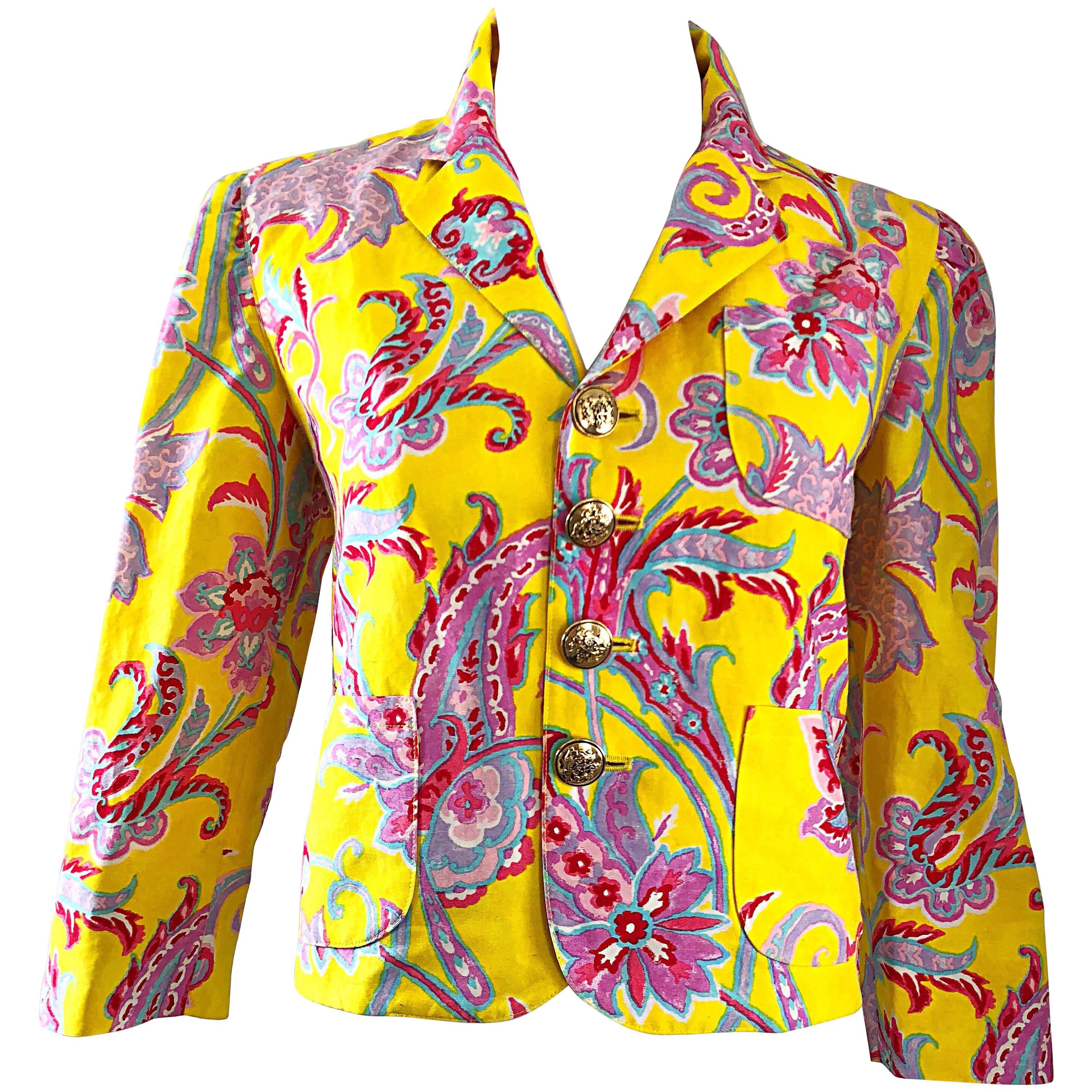 Vintage Ralph Lauren Purple Label Paisley Yellow Cotton Linen Cropped Jacket For Sale