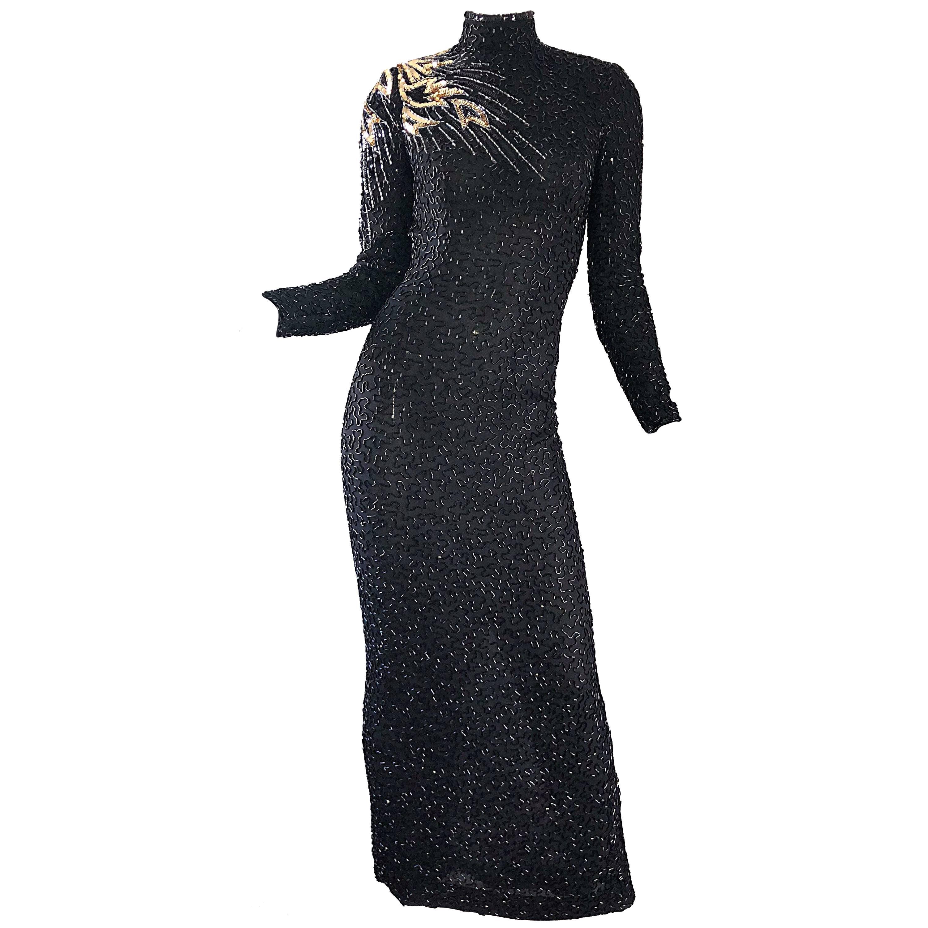 Stunning musuem quality 80s STEPHEN YEARICK Couture for Neiman Marcus silk chiffon fully beaded 'Shooting Star' shoulder open back evening gown! Wonderful flattering fit that fits like a glove! Thousands of hand-sewn black seed beads throughout the