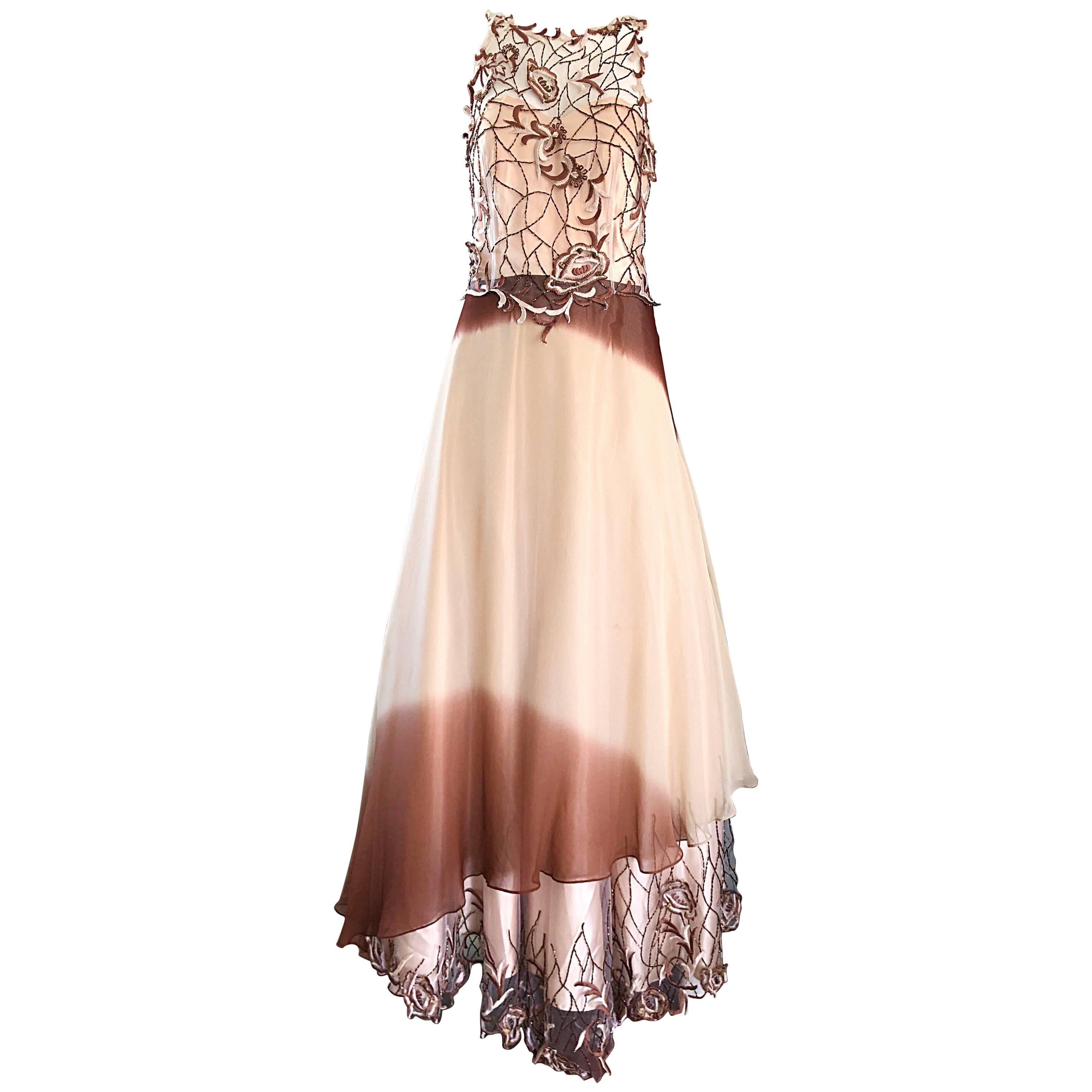 Max Nugus Haute Couture 1990s Size 8 Pink + Brown Ombre Chiffon Vintage 90s Gown