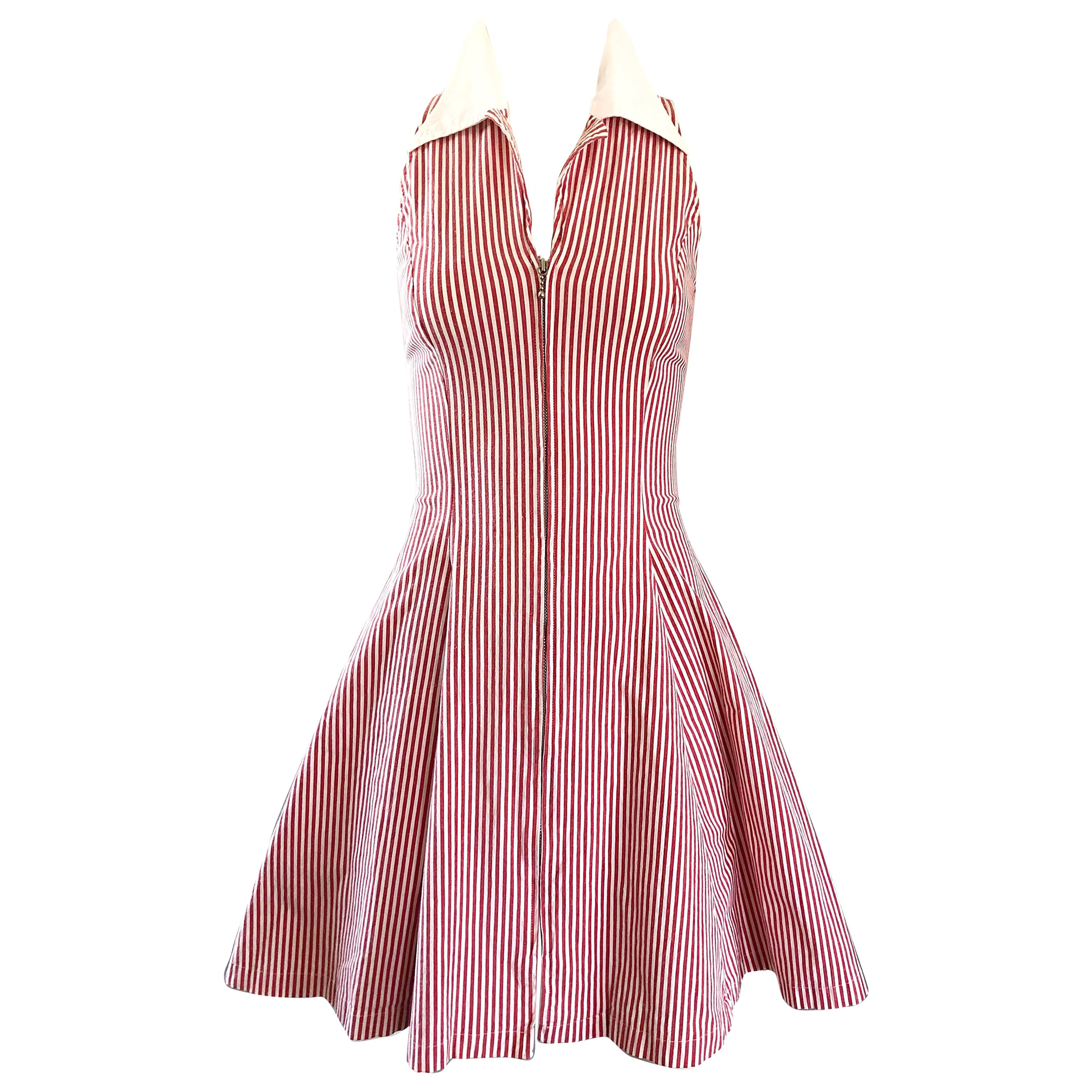 1980s Angelo Tarlazzi Vintage Red and White Seersucker Nautical Striped Dress 