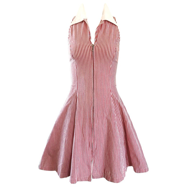 1980s Angelo Tarlazzi Vintage Red and White Seersucker Nautical Striped Dress  For Sale