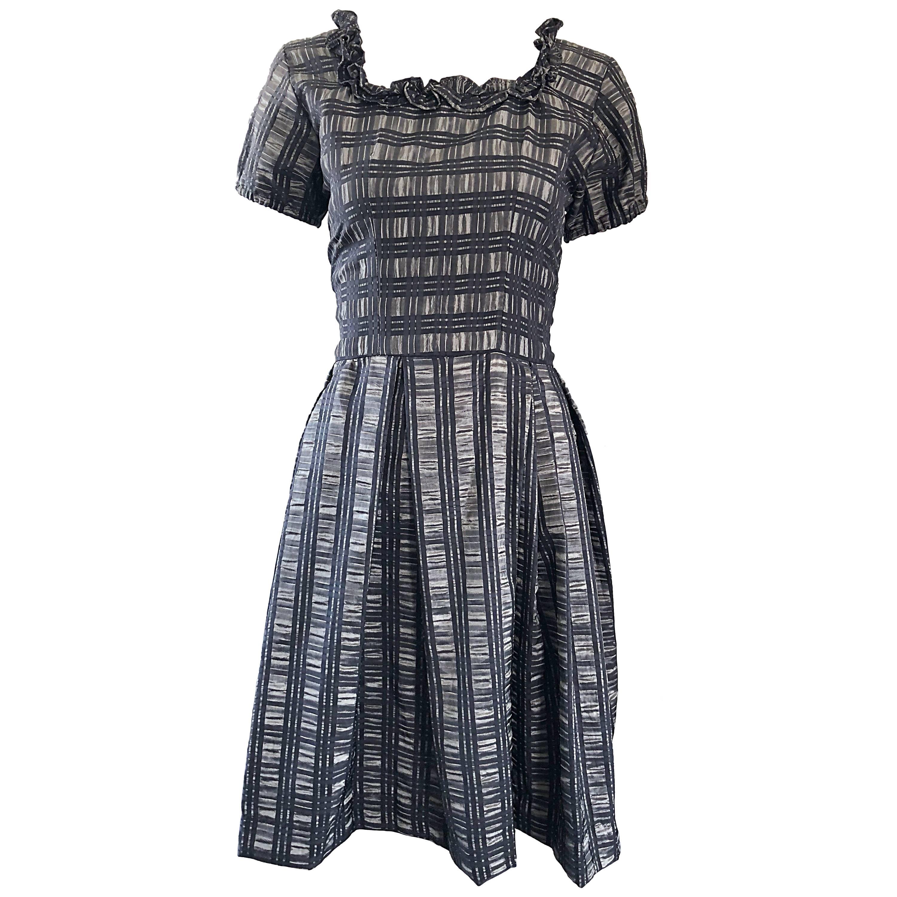 1950s Grey + Black Silk Plaid Taffeta Fit n Flare Short Sleeve Vintage 50s Dress For Sale