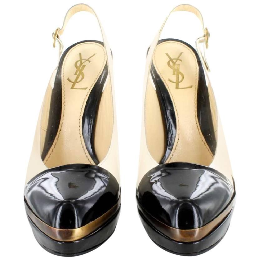 YSL YVES SAINT LAURENT High Heels Sandals in Black and Beige Patent Leather 37.5 For Sale