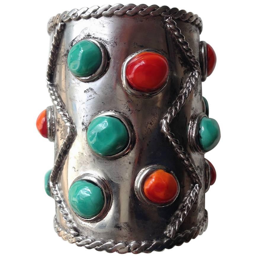 Marguerite De Valois Silver Metal and Colored Molten Glass Cuff Bracelet For Sale