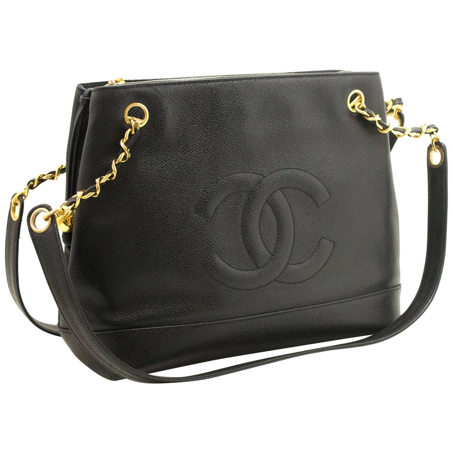 CHANEL Caviar Large Chain Shoulder Bag Black Leather Gold Zipper