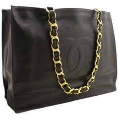 Vintage CHANEL Jumbo Large Chain Shoulder Bag Black Lambskin Leather Big