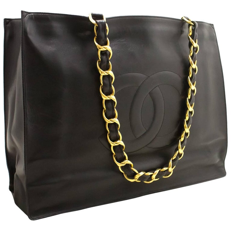 CHANEL Jumbo Large Chain Shoulder Bag Black Lambskin Leather Big at 1stDibs