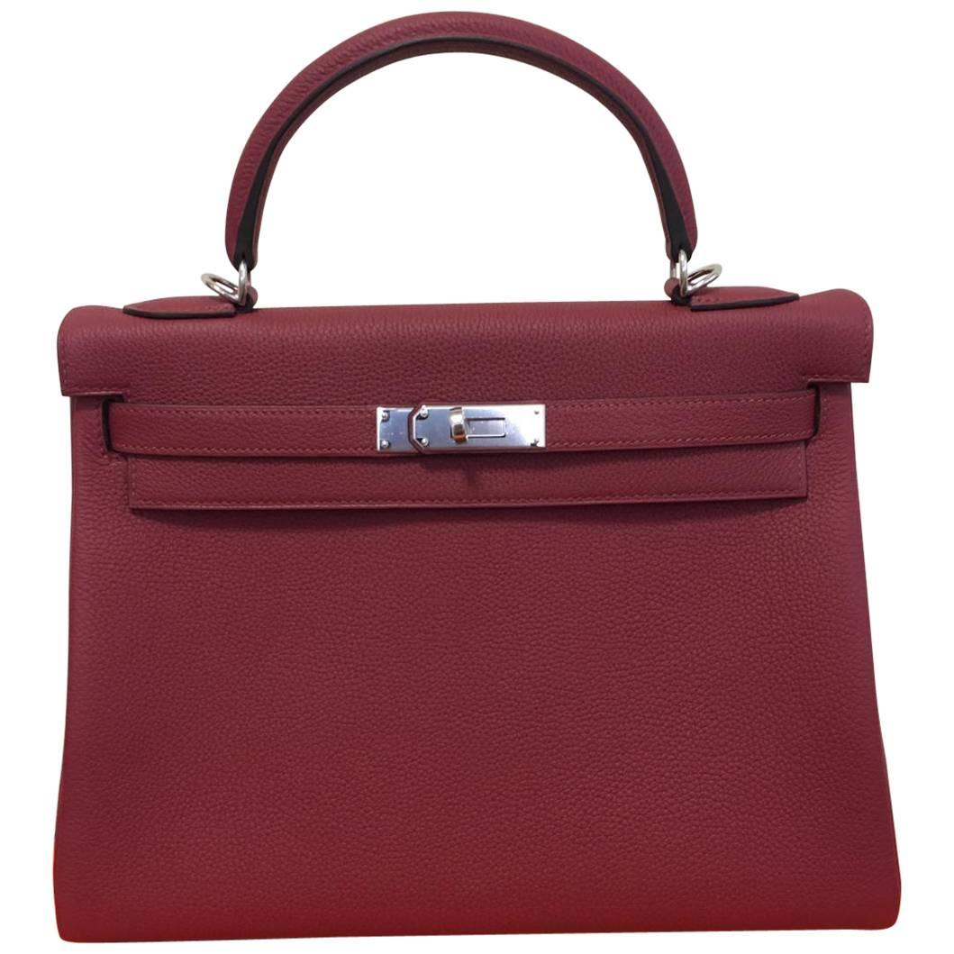 Hermes Kelly Handbag 32 Rouge Grenat togo palladium hardware
